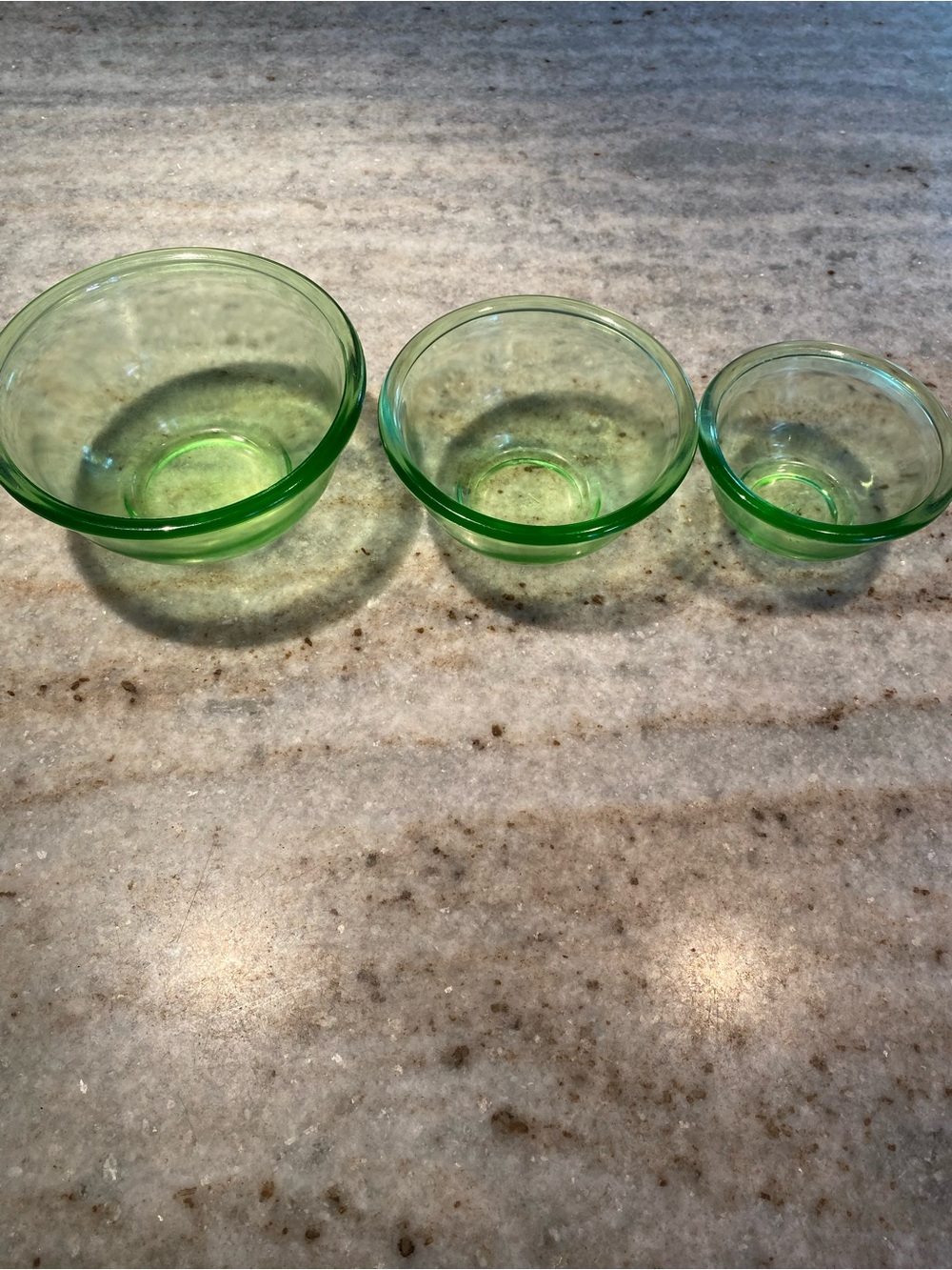 Vintage Hazel-Atlas Set of 3 Green Depression Uranium Glass Prep Bowls